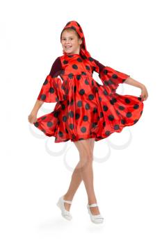 Girl dancing in a red polka-dot dress with sunglasses. Isolate on white.