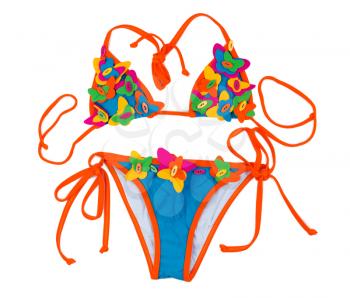 Orange with blue swimsuit with a pattern of a butterfly. Isolate on white.