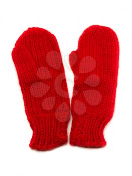 Red knitted mittens. Isolate on white.