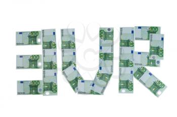 inscription EURO built of euro bills. Isolate on white