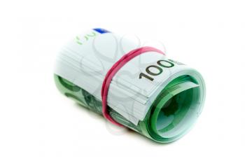 One hundred euro banknotes roll with rubber isolated on white
