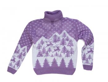 Purple sweater with a reindeer with a high neck. Isolate on white.