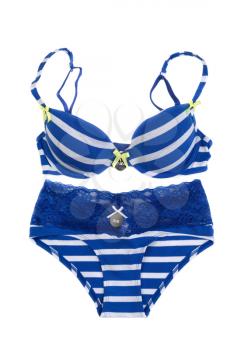 Blue striped underwear set with a label. Isolate on white.