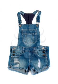 Children's denim shorts with suspenders. Isolate on white.
