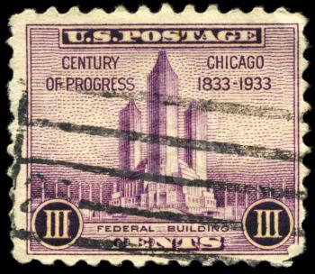 Royalty Free Photo of a 1933 US Stamp Showing the Federal Building in Chicago, Century of Progress Issue