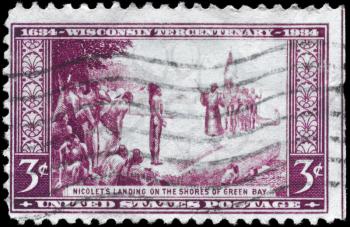 Royalty Free Photo of a 1934 US Stampd Devoted to Tercentenary of the Arrival of Explorer Jean Nicolet at Green Bay, Wisconsin