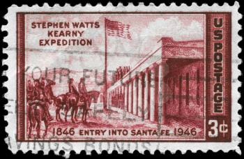 Royalty Free Photo of a 1946 US Stamp of the Capture of Santa Fe by Kenneth M. Chapman, General Stephen Watts Kearny Expedition Issue