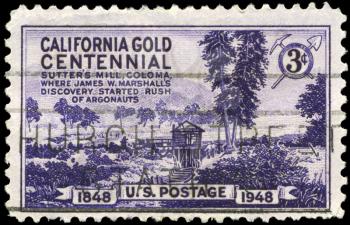 Royalty Free Photo of 1948 US Stamp of Sutter's Mill, Coloma, Centenary of Discovery Of Gold in California