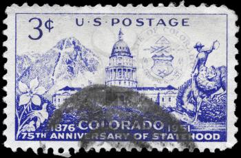 Royalty Free Photo of 1951 US Stamp Shows the Colorado Capitol and Mount of the Holy Cross, Colorado Statehood Issue