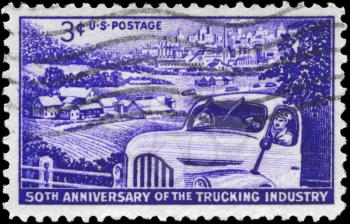 Royalty Free Photo of 1953 US Stamp of  Truck, Farm and Distant City, Trucking Industry 50th Anniversary