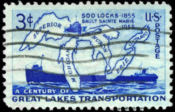 Royalty Free Photo of 1955 US Stamp Shows the Map of Great Lakes and Two Steamers, Soo Locks Opening, Centenary