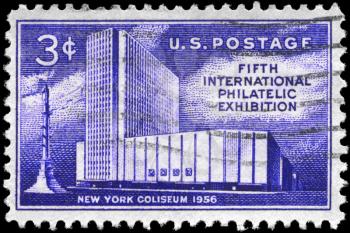 Royalty Free Photo of 1956 US Stamp Shows New York Coliseum and  Columbus Monument, FIPEX, New York City