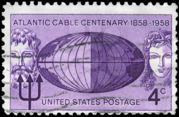 Royalty Free Photo of 1958 US Stamp Shows the Neptune, Globe and Mermaid, Atlantic Cable Centennial Issue