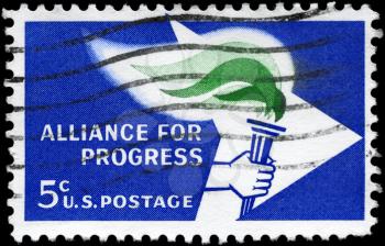 Royalty Free Photo of 1963 US Stamp Shows the Alliance Emblem, Devoted to 2nd Anniversary of the Alliance for Progress