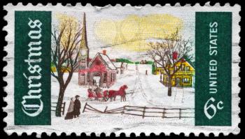 Royalty Free Photo of 1969 US Stamp Shows the Winter Sunday in Norway, Maine, Christmas Issue