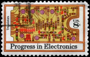 Royalty Free Photo of 1973 US Stamp Shows the Transistors and Printed Circuit Board, Electronics Progress