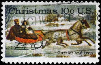 Royalty Free Photo of 1974 US Stamp Shows the Road-Winter by Currier and Ives