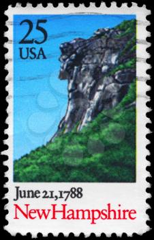 Royalty Free Photo of 1988 US Stamp Shows Landscape with Cliff, New Hampshire, Ratification of the Constitution