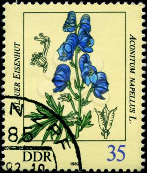 GDR - CIRCA 1982: A Stamp shows image of a Aconite with the inscription Aconitum napellus L., series, circa 1982