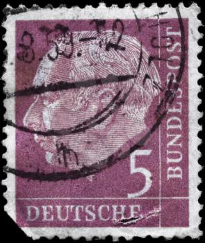 GERMANY - CIRCA 1955: A Stamp printed in GERMANY shows the portrait of a  Theodor Heuss (1884-1963), President of the Federal Republic of Germany from 1949 to 1959, circa 1955