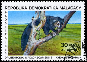 MALAGASY REPUBLIC - CIRCA 1983: A Stamp printed in MALAGASY REPUBLIC shows image of a Aye-aye with the description Daubentonia madagascariensis from the series Various Lemurs, circa 1983
