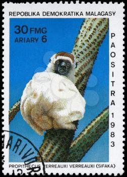 MALAGASY REPUBLIC - CIRCA 1983: A Stamp printed in MALAGASY REPUBLIC shows image of a White Sifaka with the description Propithecus verreauxi from the series Various Lemurs, circa 1983