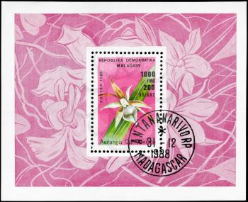 MALAGASY REPUBLIC - CIRCA 1988: A Stamp sheet printed in MALAGASY REPUBLIC shows image of a Aerangis curnowiana, from the series Orchids, circa 1988