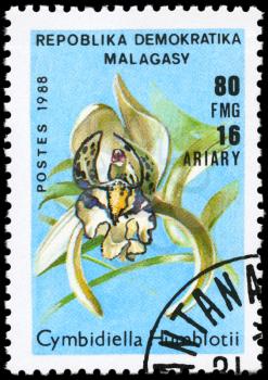 MALAGASY REPUBLIC - CIRCA 1988: A Stamp printed in MALAGASY REPUBLIC shows image of a Cymbidiella humblotii, from the series Orchids, circa 1988