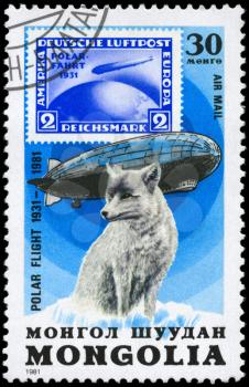 MONGOLIA - CIRCA 1981: A Stamp printed in MONGOLIA shows the image of the Graf Zeppelin & Polar Fox from the series Polar Flight 1931-1981, circa 1981