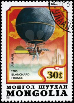 MONGOLIA - CIRCA 1982: A Stamp printed in MONGOLIA shows the Blanchard Balloon (France 1785), from the series Balloon Flight Bicentenary, circa 1982