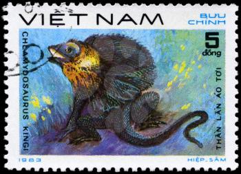 VIETNAM - CIRCA 1983: A Stamp printed in VIETNAM shows the image of a Frillneck Lizard with the description Chlamydosaurus kingi from the series Reptiles, circa 1983