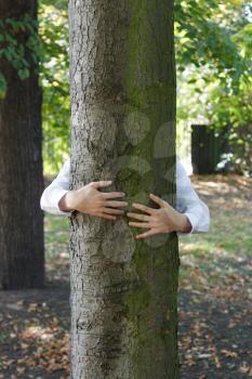 Royalty Free Photo of a Man Hugging a Tree