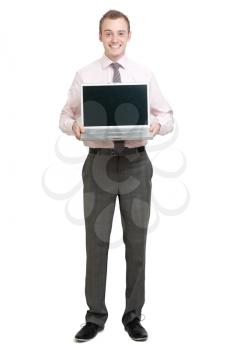 Royalty Free Photo of a Businessman Holding a Laptop