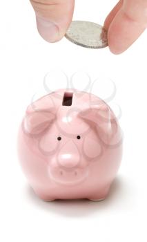 Royalty Free Photo of a Person Putting a Coin in a Piggy Bank