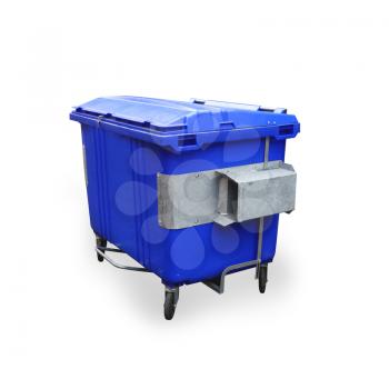A large blue garbage bin