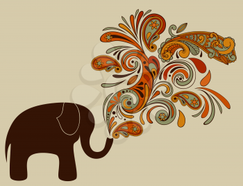 Royalty Free Clipart Image of a Elephant with Flowers Coming Out of his Trunk