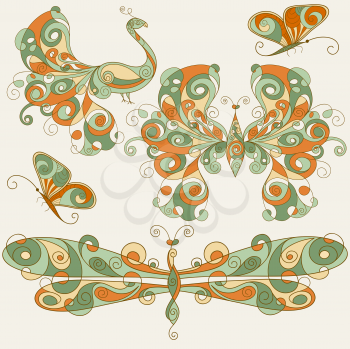 Royalty Free Clipart Image of a Background of Butterflies, a Peacock and a Dragonfly