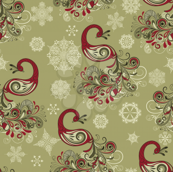 Royalty Free Clipart Image of a Background of Snowflakes and Peacocks