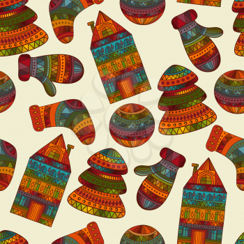 Vector seamless winter  Christams pattern with socks, mittens, fir trees, balls, houses, pattern in swatch menu