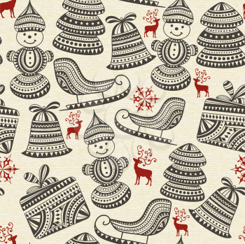 vector holiday  winter pattern with sledge, snowman, boxes, snowflakes, deers, and fir trees, seamless pattern in swatch menu