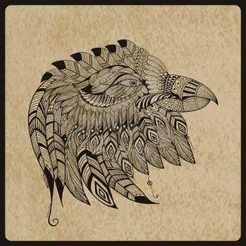 vector tattoo black  hand drawn, highly detailed eagle head, native american style, rough paper, texture