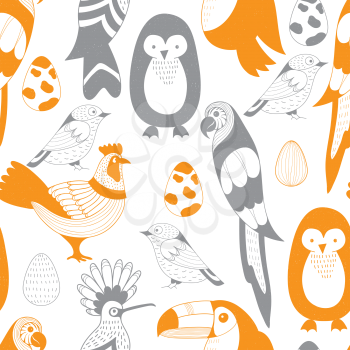 Vector Seamless Pattern with birds and eggs. Parrot, toucan, hoopoy, rooster, penguin, sparrow. Scandinavian style.