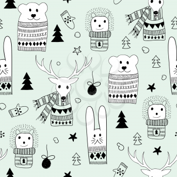 Vector Seamlee Christmas Pattern with Doodle Animals: bunny, deer, hedgehog, and polar bear