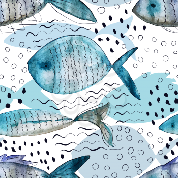 Vector Seamless Pattern with Watercolor Fish. Underwater Hand Drawn Background