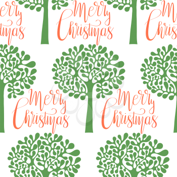 Vector Christmas Seamless Pattern with Fir Tree and Hand Lettering Christmas Greetings