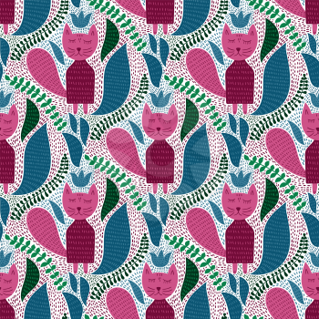 Vector Seamless Tough  Pattern with Cats and Plants. Seamless Wallpaper