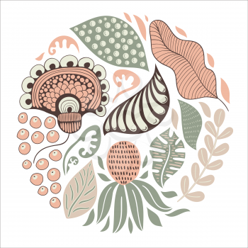 Vector Circle  Pattern with Flowers, Berries, and Leaves.  Spring Greeting Card Design