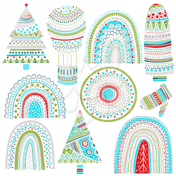 Vector Christmas Design Elements set with  rainbows, fir trees, snowflakes and balloon etc. Childish naive scandinavian style. 