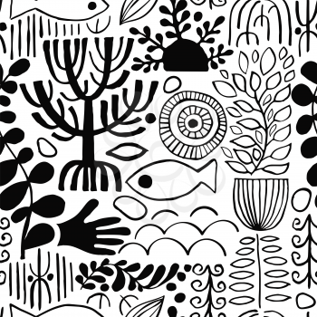 Vector Seamless ethnic Pattern with tribal african symbols. Naive Style Print