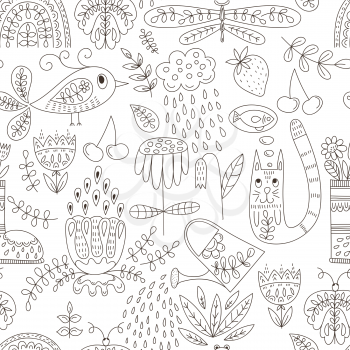 Vector Seamless Spring Pattern. Funny Summer Outdoor Doodles.